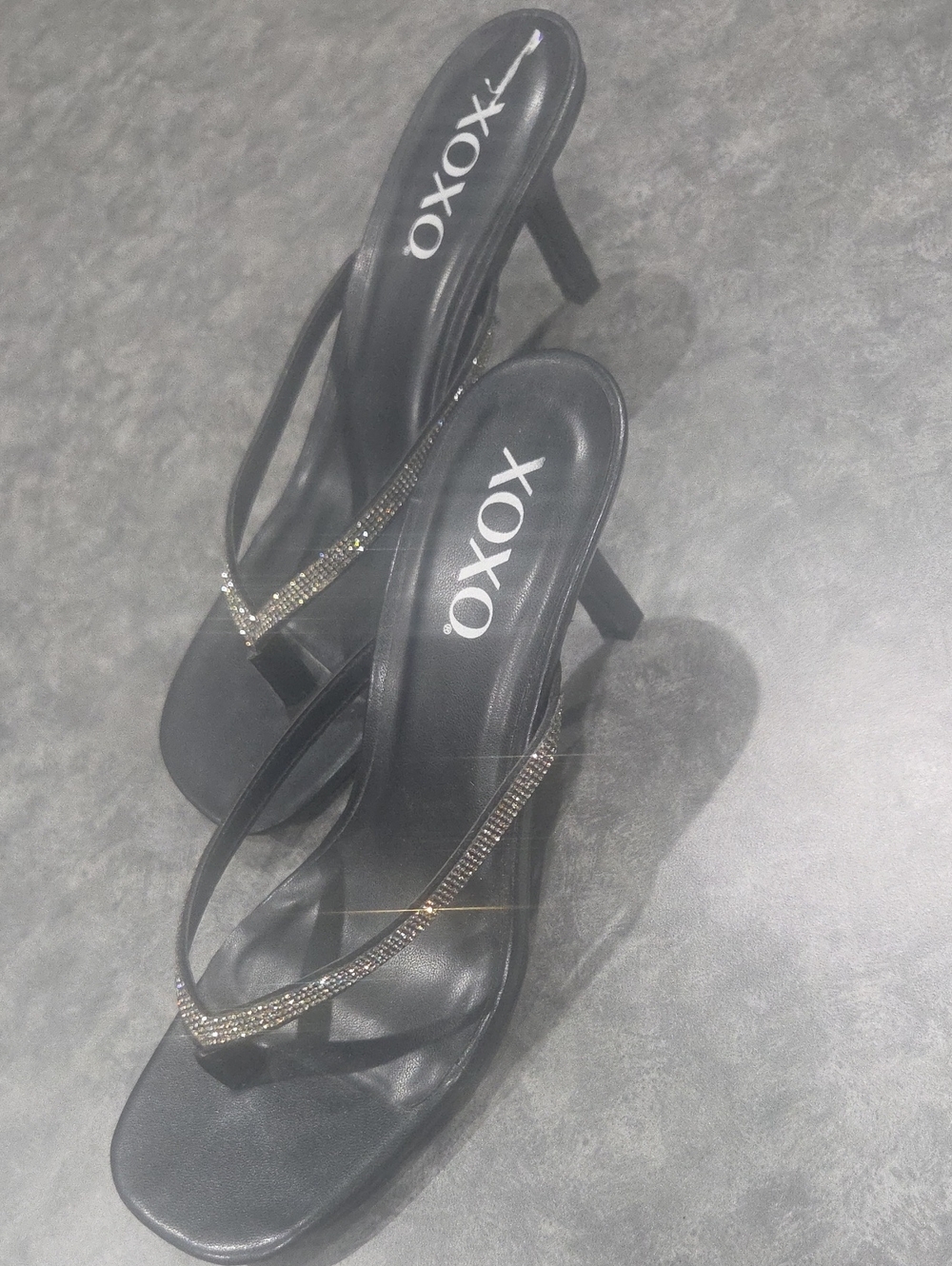 XOXO Black Rhinestone-Embellished Heeled Thong Sandals